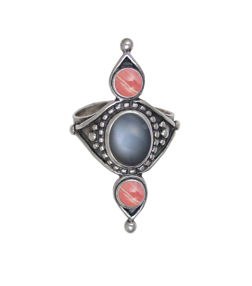 Sterling Silver Royal Ring With Grey Moonstone And Rhodocrosite Size 10